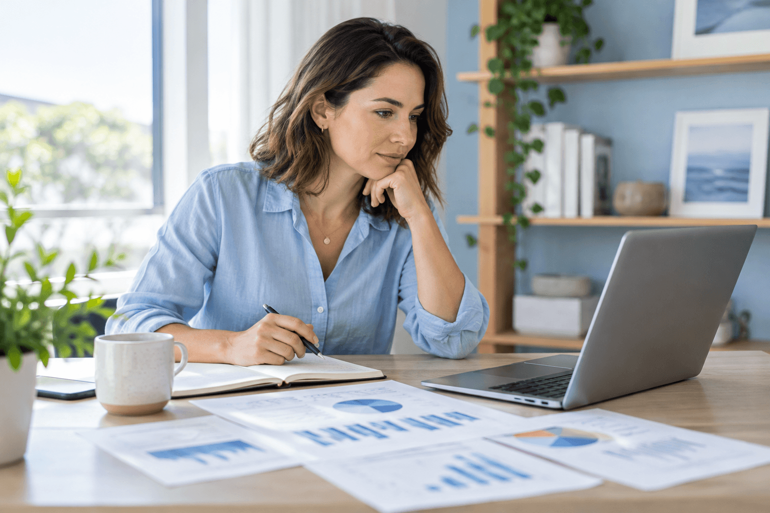 A small-business owner reviewing marketing charts beside a laptop