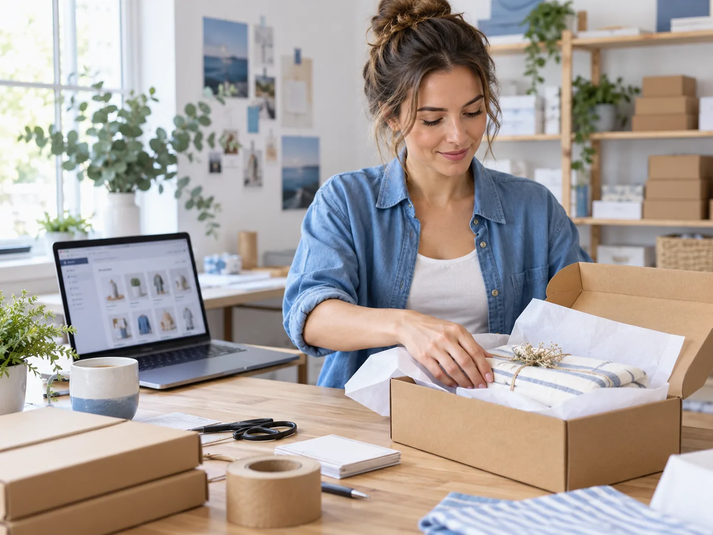 An independent ecommerce owner packing an online order
