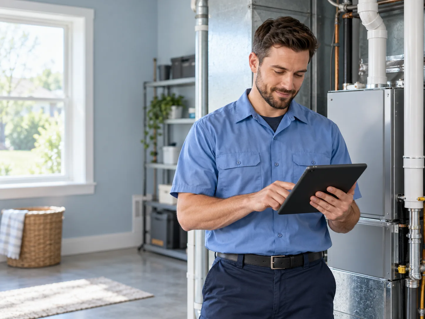 An HVAC professional reviewing job details on a tablet